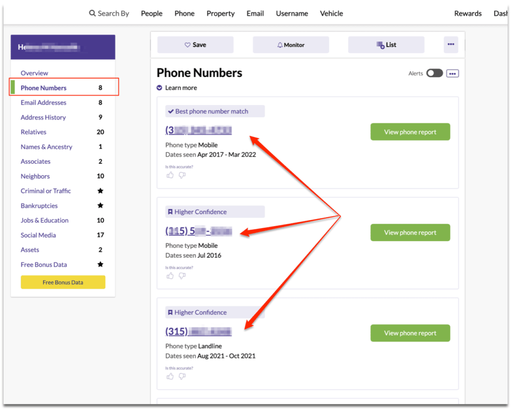 Example of phone numbers found