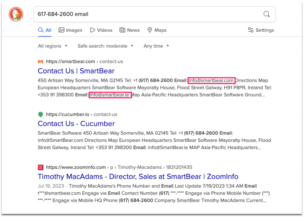 Email found on DuckDuckGo